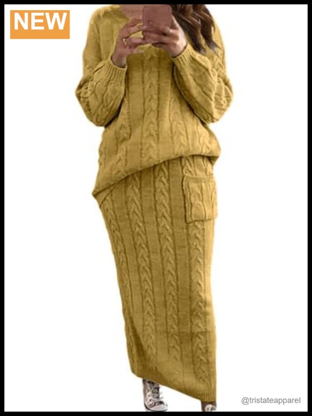 Chunky Cable Knit Sweater Skirt Set 2 Piece Oversized Midi Outfit